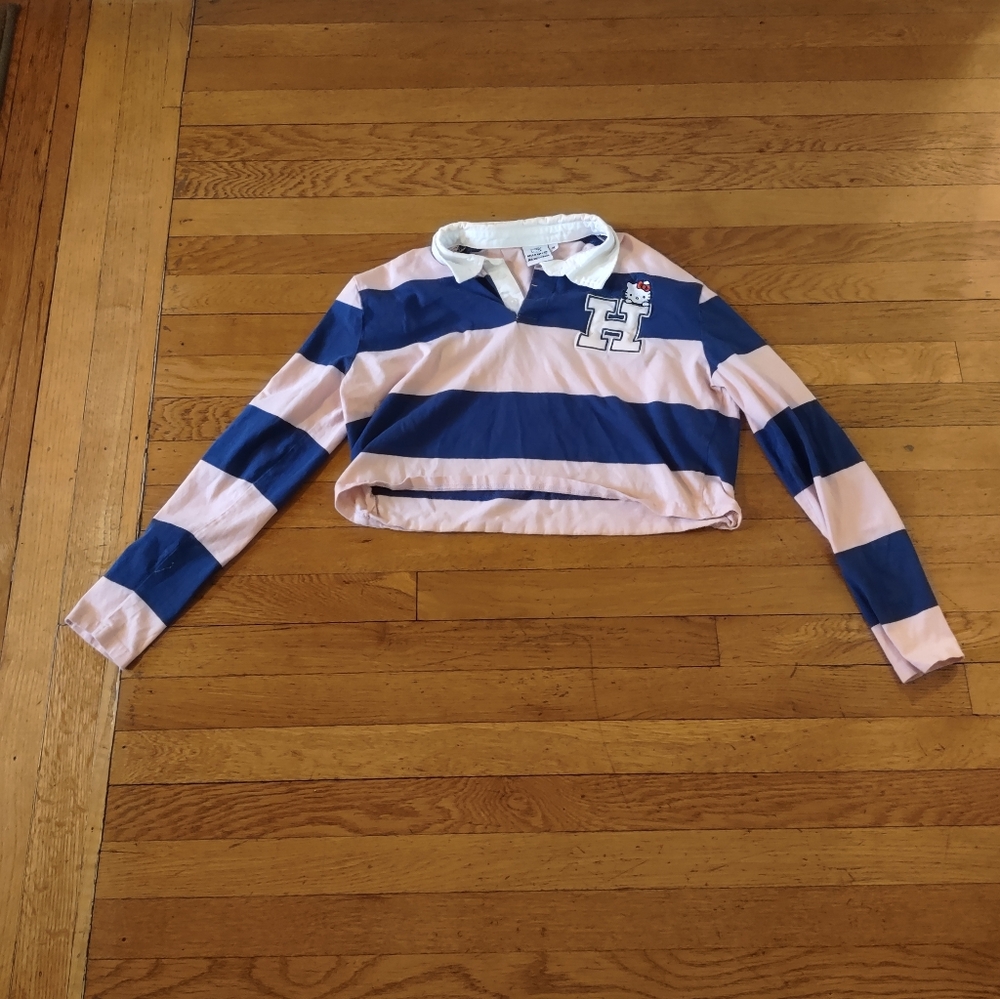 Hello Kitty Pink and Blue Striped Cropped Long Sleeved 1/4 Aéropostale Polo y2k